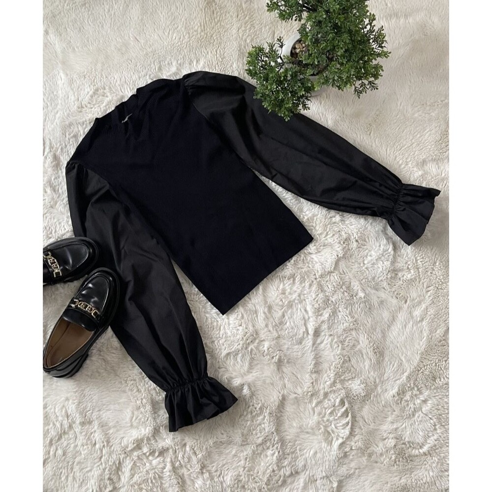 By Anthropologie Black Mixed Media Ribbed Puff Sleeve Top XS